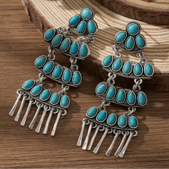 Jewelry - Western Earrings Bohemian Turquoise Silver Dangle Earrings Cowgirl Southwestern